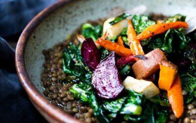 Roasted Root Veggies & Greens Over Spiced Lentils